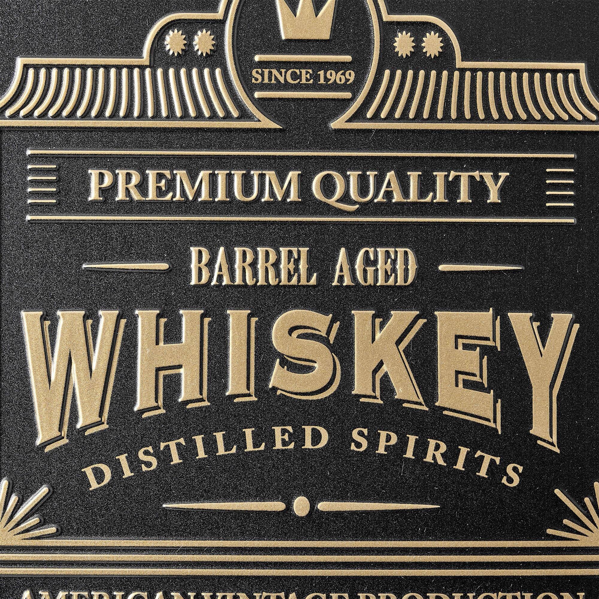 American Art Decor Barrel Aged Whiskey Embossed Black and Gold Metal Bar Sign